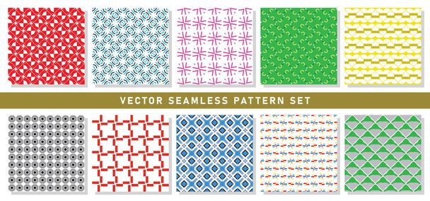 Fondo de textura de patrón sin costura vectorial con formas geométricas en colores rojo, blanco, azul, negro, verde, amarillo y gris. - Vector, Imagen
