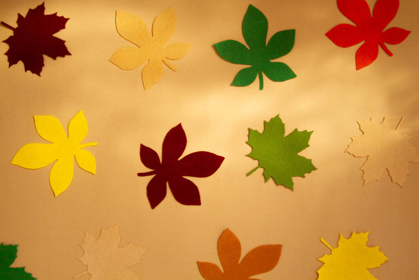 Φύλλα χαρτιού σε καφέ φόντο, φθινοπωρινή σύνθεση. - Φωτογραφία, εικόνα
