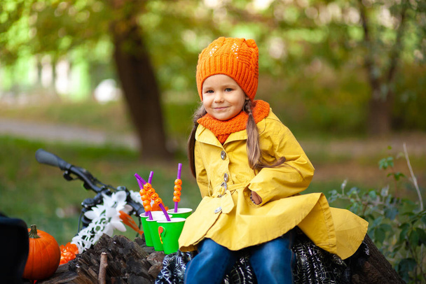 Little cute girl sitting in the park and holding a pumpkin in her hands, Halloween concept, autumn scenery. - Zdjęcie, obraz