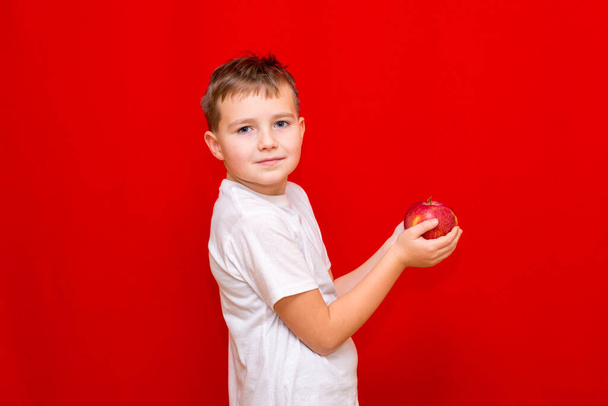 サイドビューヨーロッパの笑顔の男の子の子供の学校の少年を閉じる彼の手に赤いアップルを保持しています。ビタミンや果物、健康的な食べ物。明るい赤の背景に幸せな美しい子供の特性. - 写真・画像