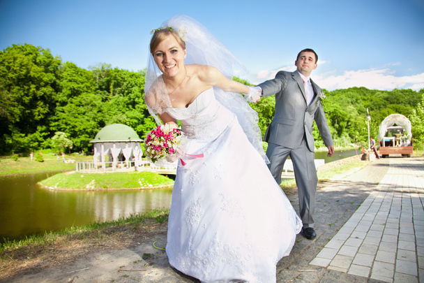 Noiva puxando belo noivo à mão no parque
 - Foto, Imagem