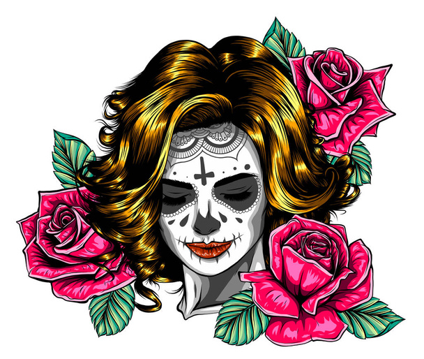 Girl with skeleton make up hand drawn vector sketch. Santa muerte woman witch portrait stock - Vector, Image