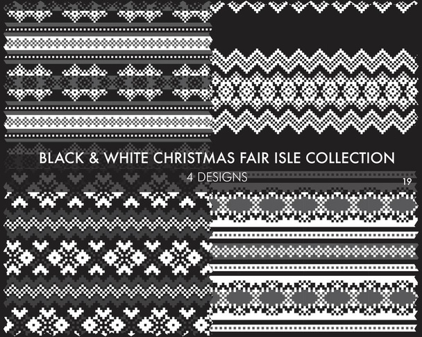 La colección de patrones de isla justa de Navidad en blanco y negro incluye 4 muestras de diseño para textiles de moda, prendas de punto y gráficos - Vector, Imagen