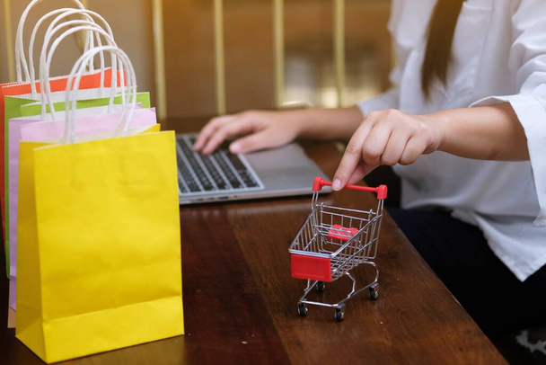 Nainen ja Pieni ostoskori Laptop Internet verkkokaupoissa käsite - Valokuva, kuva