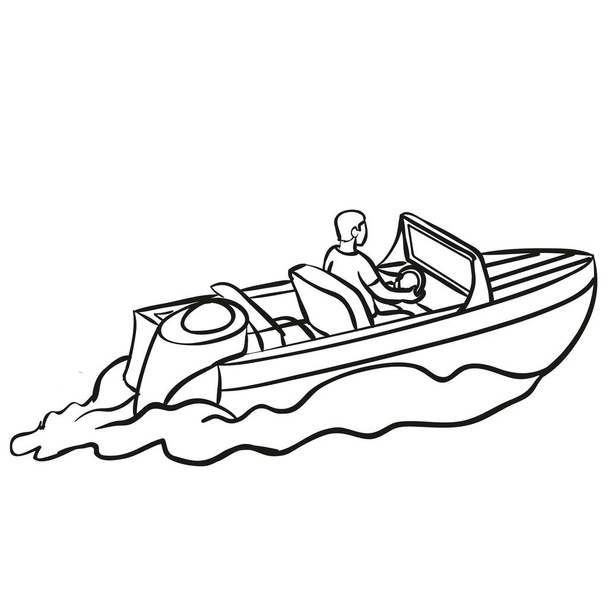 sketch, man controls a motor boat, coloring book, isolated object on a white background, vector illustration, eps - Vektor, kép
