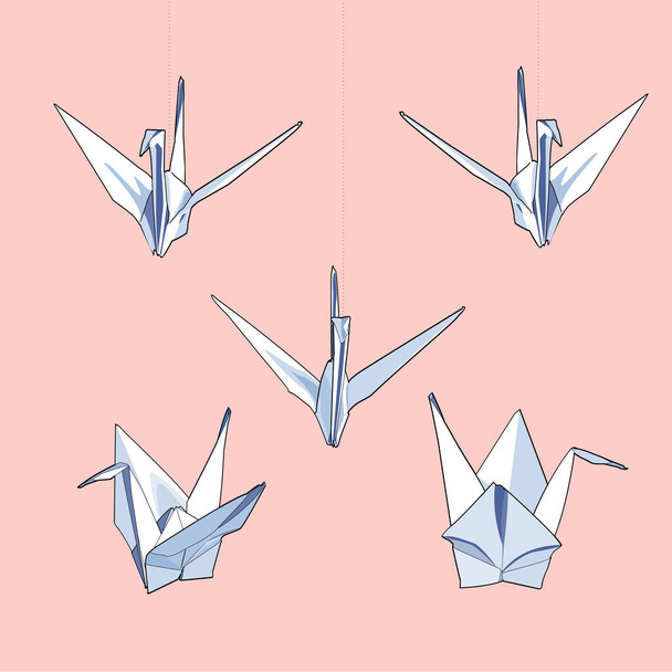 Ilustración vectorial de grúas de papel de origami colgantes en varias posiciones - Vector, Imagen