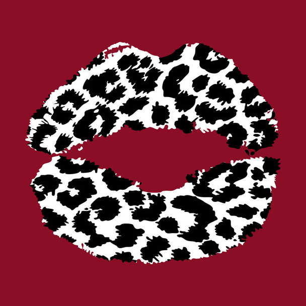 Design voor een shirt van een luipaard print lippen op rode achtergrond - Vector, afbeelding