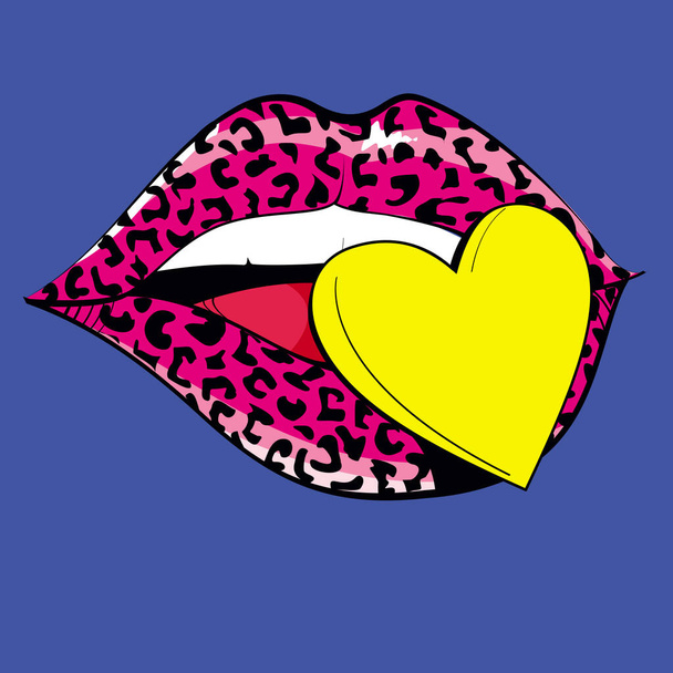 illustration vectorielle d'un imprimé animal lèvres et coeur rose fond bleu - Vecteur, image