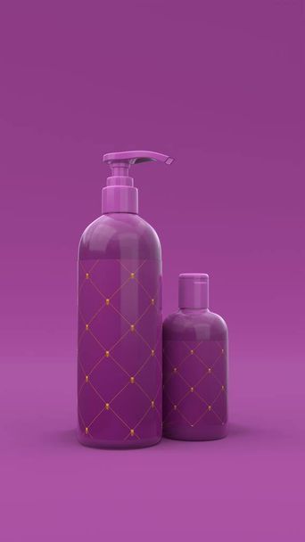 Elegante cosmetische flessen met label close-up op paarse achtergrond. Modern hoesontwerp. 3d illustratie. - Foto, afbeelding