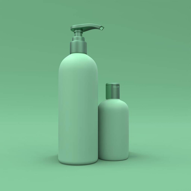 Elegante cosmetische fles close-up op groene achtergrond. Modern hoesontwerp. 3d illustratie. - Foto, afbeelding