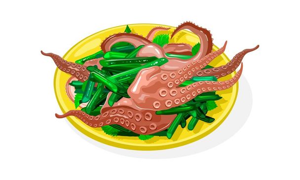 Sannakji je na žluté desce. Syrové jídlo z dlouhé paže chobotnice, sezamová semínka, olej, zelenina, zeleň. - Vektor, obrázek