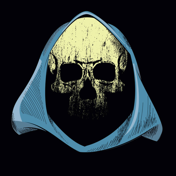 Karakter ontwerp met gele schedel onder lichtblauwe kap geïsoleerd op zwart - Vector, afbeelding