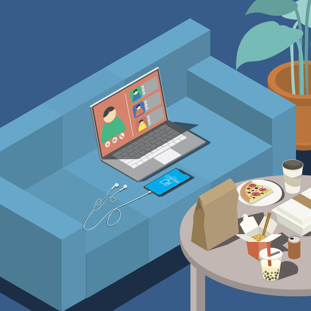 Laptop ja älypuhelin sohvalla ja ruoka, juoma ja jälkiruoka pöydällä sohvan vieressä työn aikana kotoa. - Vektori, kuva