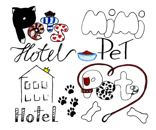Ilustração em aquarela do design do rótulo desenhado à mão definido no tópico do hotel para animais de estimação - Foto, Imagem