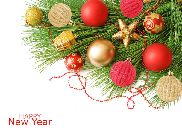 Cristmas greeting card with new year balls, merry christmas and happy new year concept - Zdjęcie, obraz