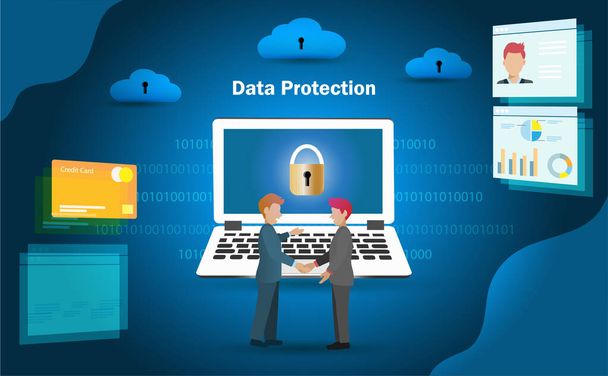 İşadamı müşteriye dijital mali işlemler ve bilgilerde veri güvenliği konusunda güvence veriyor. E-kyc, dijital çevrimiçi siber suç ve mali güvenlik kavramına karşı veri koruması fikri. - Vektör, Görsel