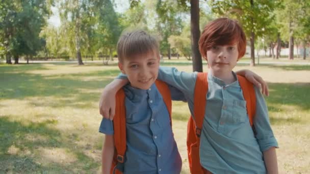 Portret met tracking shot van leuke schooljongens met rugzakken staan in het park op zonnige zomerdag en poseren voor de camera - Video