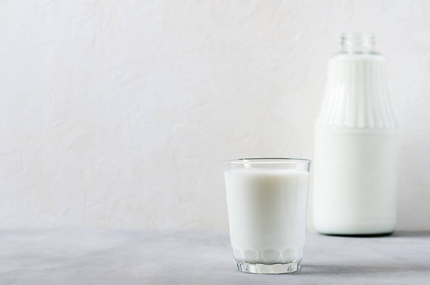 Homemade milk, kefir and cottage cheese on a wooden slice on a gray background. Fermented, protein foods and drinks. Side view, place for text. - Foto, Bild