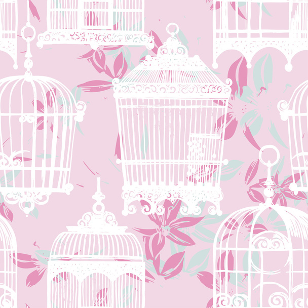 Pattern with vintage birdcages and flowers - Vektor, Bild