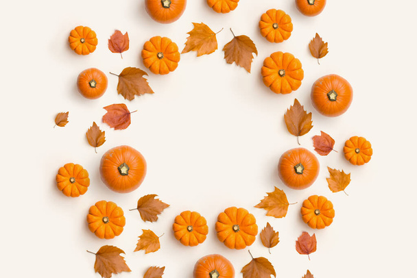 Halloween Autumn fall contemporary background composition with pumpkins and leaves in a circle shape. - Foto, imagen