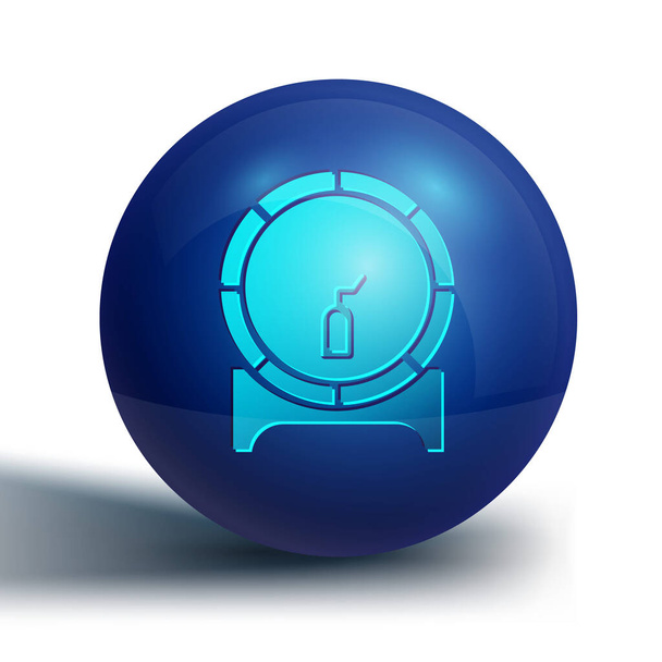 Barril de madera azul en rack con icono stopcock aislado sobre fondo blanco. Botón círculo azul. Ilustración vectorial. - Vector, Imagen