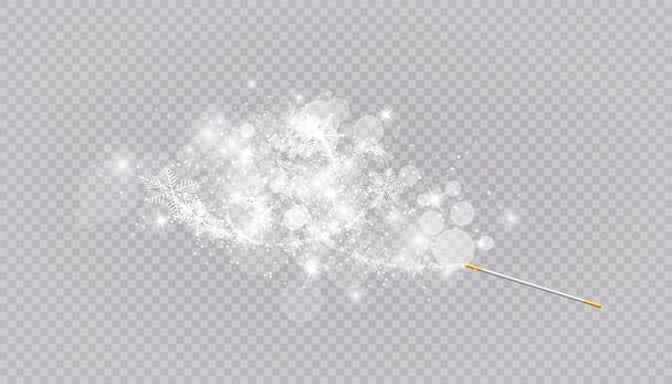 Baguette magique avec des flocons de neige en forme de coeur dans un style plat en lignes de dessin continues. Trace de poussière blanche. Fond abstrait magique isolé sur fond transparent. Miracle et magie. Vecteur - Vecteur, image