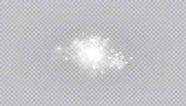 Ilustración vectorial de varita mágica. Aislado sobre fondo blanco transparente. Varita de mago milagroso palo mágico con luces mágicas chispa - Vector, imagen
