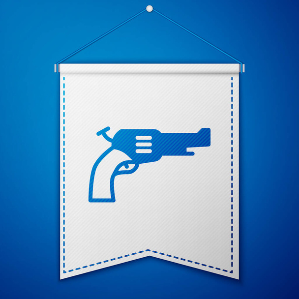 Icono del revólver azul aislado sobre fondo azul. Plantilla de banderín blanco. Vector. - Vector, imagen