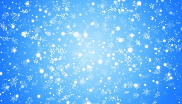 La nieve blanca vuela sobre un fondo azul. Copos de nieve navideños. Ilustración fondo ventisca invierno. - Vector, imagen