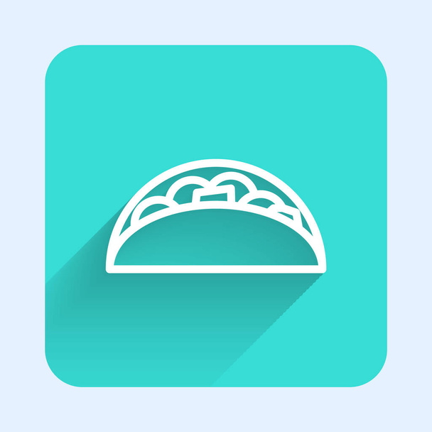 Linha branca Taco com ícone de tortilla isolado com sombra longa. Menu tradicional de fast food mexicano. Botão quadrado verde. Vetor. - Vetor, Imagem