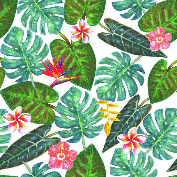 Watercolor abstract summer seamless pattern with bright tropical plants on white background. Watercolour hand drawn exotic leaves and flowers. Print for textile, wallpaper, wrapping paper. - Fotoğraf, Görsel