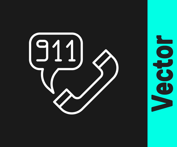 Línea blanca Teléfono con llamada de emergencia 911 icono aislado sobre fondo negro. Policía, ambulancia, bomberos, llamada, teléfono. Vector. - Vector, imagen