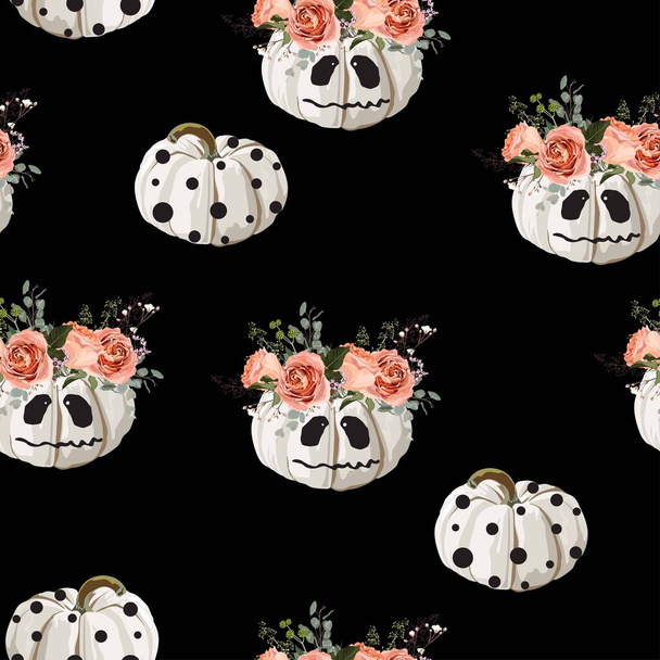 Halloween minta skary sütőtökkel és rózsákkal. Fekete háttér. - Vektor, kép