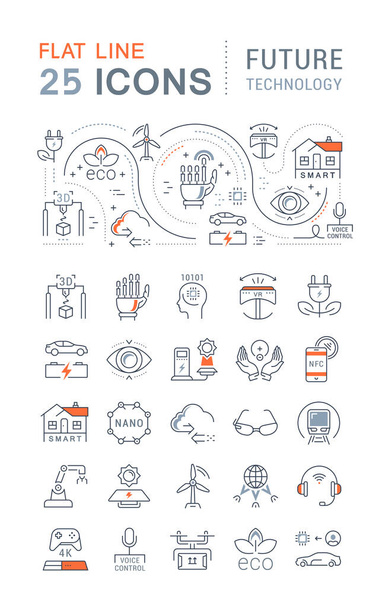 Set vector line icons in flat design future technology, eco energy, smart tech and electric transportation with elements for mobile concepts and web. Collection modern infographic logo and pictogram. - Vector, Image