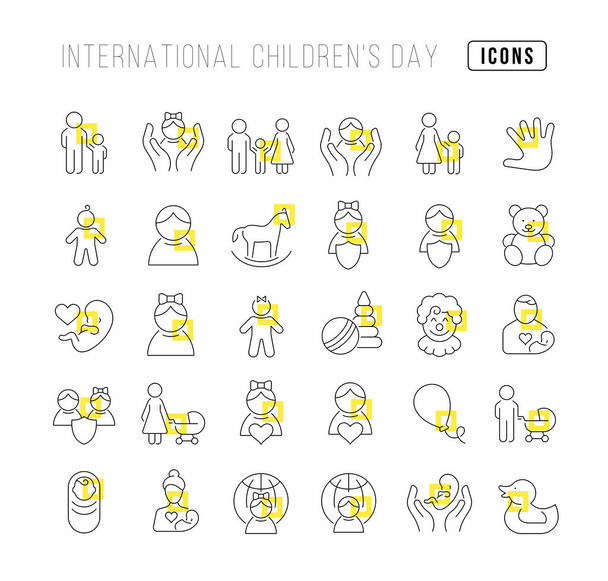 Set vector line thin icons of international childrens day in linear design for mobile concepts and web apps. Collection modern infographic pictogram and signs. - Вектор,изображение