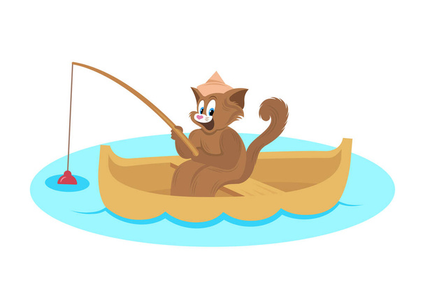 Kedi teknede balık yakalıyor. Kedi ve güneşli manzaranın çocuk tasviri. - Vektör, Görsel