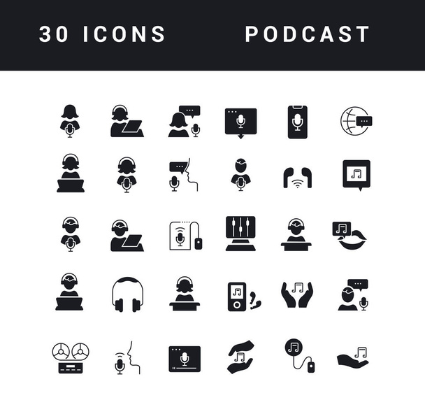 Kolekce vektorových černobílých ikon podcastu v jednoduchém designu pro mobilní koncepty, web a aplikace. Nastavit moderní loga a piktogramy. - Vektor, obrázek