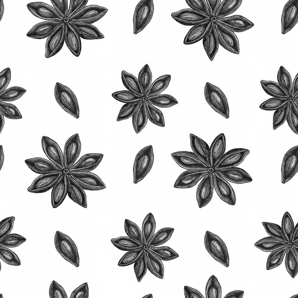 Realistic star anise seamless pattern. Pencil illustration. All spices on a white background. spices and seasonings. Illustration for flyer, poster, wallpaper, web, invitation, greeting card, menu. - Fotografie, Obrázek