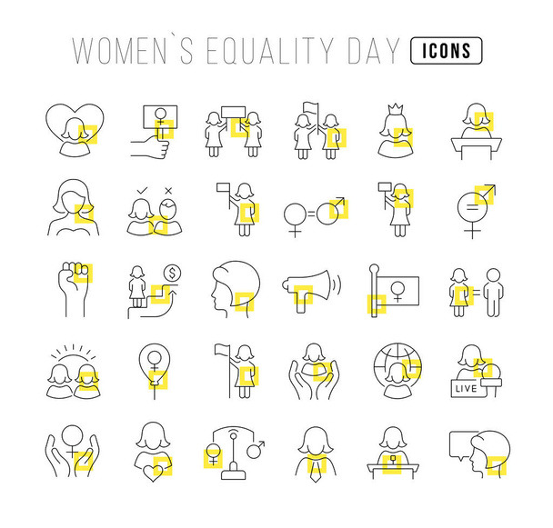 Ορισμός διανυσματικών γραμμών λεπτών εικονιδίων της ημέρας ισότητας των γυναικών σε γραμμικό σχεδιασμό για κινητές έννοιες και εφαρμογές ιστού. Συλλογή σύγχρονης infographic εικονόγραμμα και πινακίδες. - Διάνυσμα, εικόνα