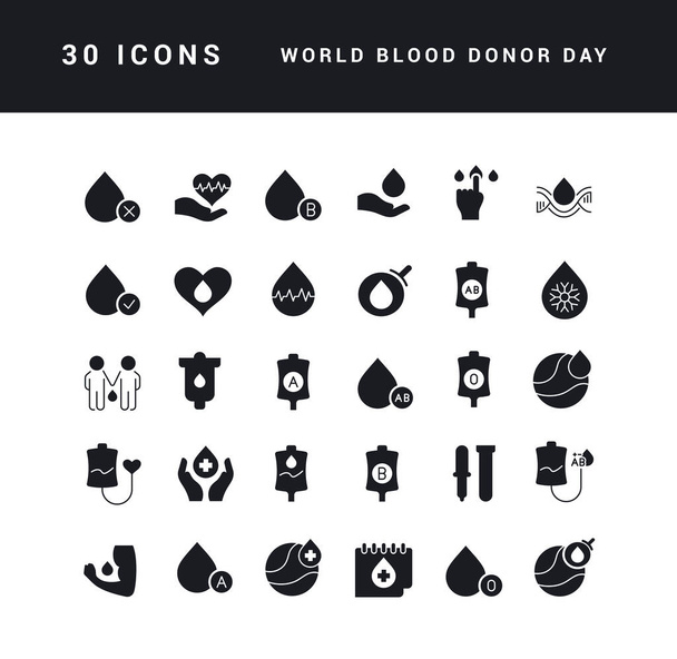 Colección de iconos vectoriales en blanco y negro del día mundial del donante de sangre en diseño sencillo para conceptos móviles, web y aplicaciones. Conjunto de logotipos y pictogramas modernos. - Vector, imagen