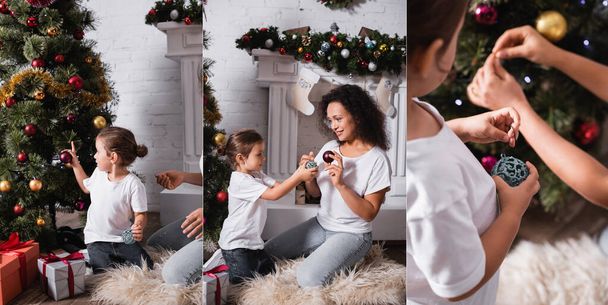 Collage van moeder en dochter versieren dennen in de buurt van geschenken en open haard  - Foto, afbeelding