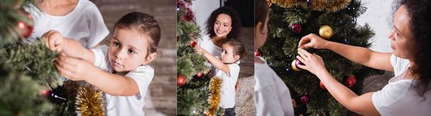 Collage de hija y madre decorando pino con bolas de Navidad en casa - Foto, Imagen