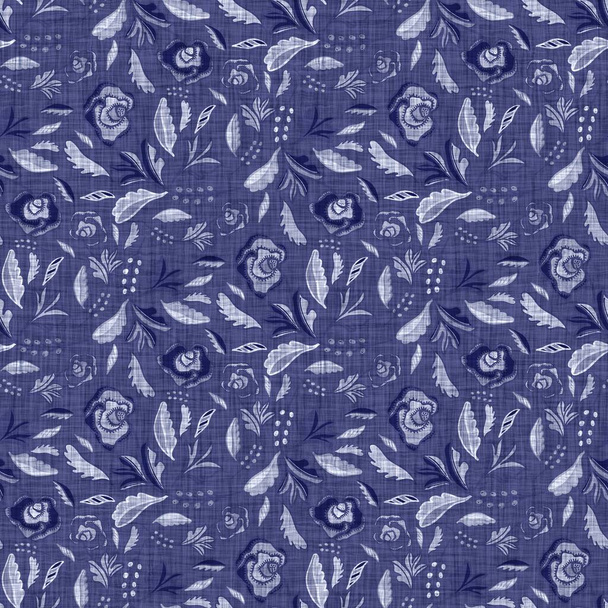 Indygo niebieski kwiat blok wydrukować farbowane płótno tekstury tła. Płynne tkane japońskie powtarzać wzór Batik Swatch. Kwiatowy organiczny odcisk rozmytego bloku na całym materiale włókienniczym. - Zdjęcie, obraz