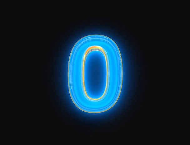 Blue and yellow shine neon light glow transparent glassy alphabet - number 0 isolated on dark, 3D illustration of symbols - Foto, immagini