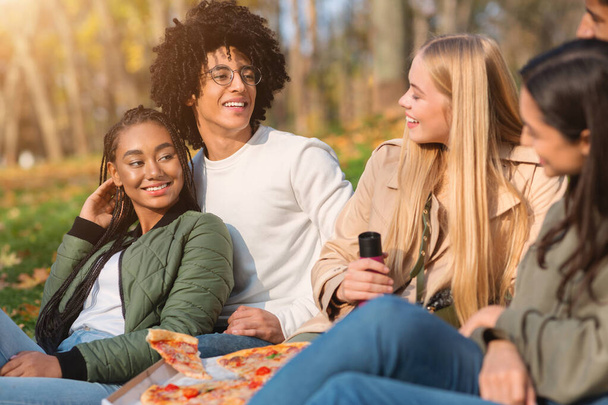 Teen african american couple having picnic with friends at park - Photo, Image