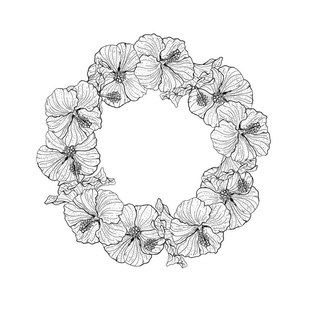 Kézzel rajzolt monokróm hibiszkusz virágok körkörös koszorú. Virágos design elem. Elszigetelve, fehér háttérrel. Vektor - Vektor, kép