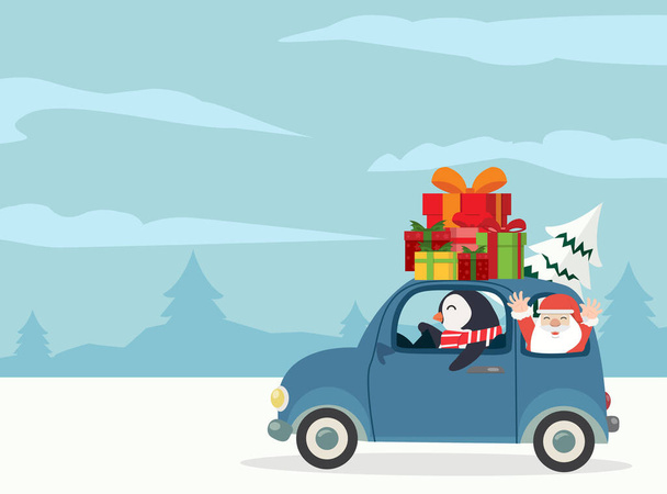  penguin driving  car with gift boxes Merry Christmas card with Santa - Vetor, Imagem