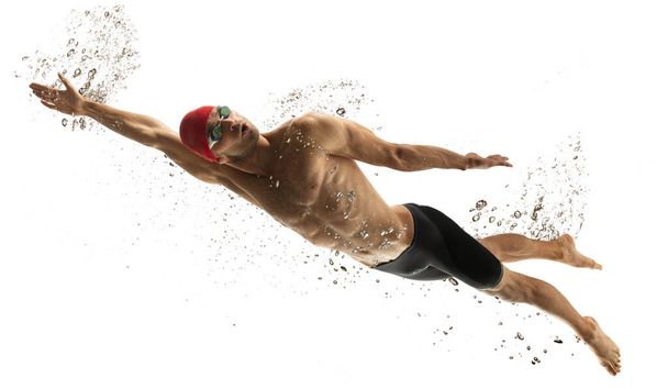 Caucasian professional sportsman, swimmer training isolated on white studio background - Фото, зображення