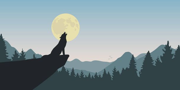 lobo aulla en luna llena naturaleza paisaje - Vector, Imagen