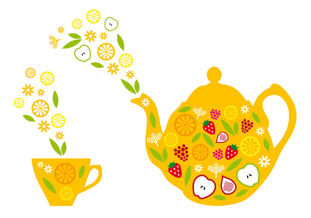 tea pot and cup with fruits, vector - Vector, Image